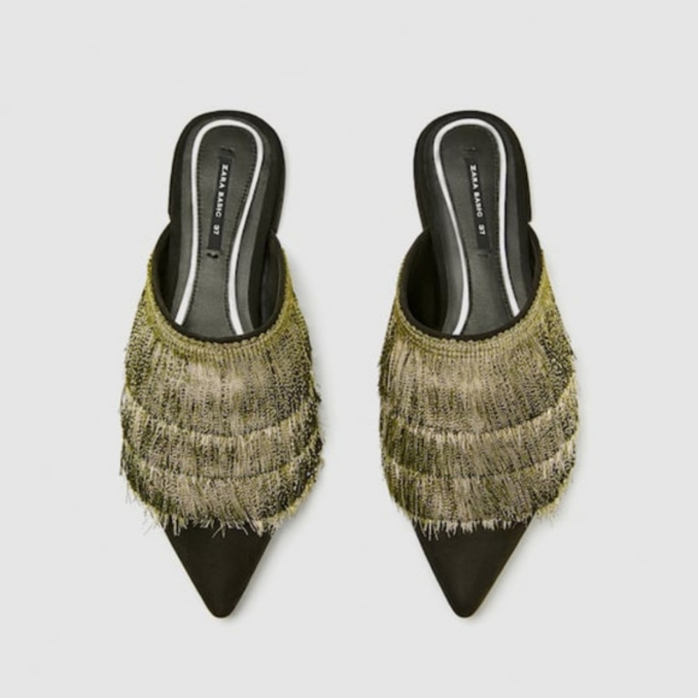 NWT Zara Flat Fringe Mules Black Golden - Picture 1 of 4